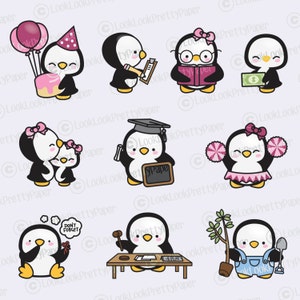 May include: A set of ten cartoon penguin illustrations with different accessories and expressions. The penguins are wearing hats, glasses, graduation caps, and holding items like books, a diploma, a gavel, a shovel, and a money bag.