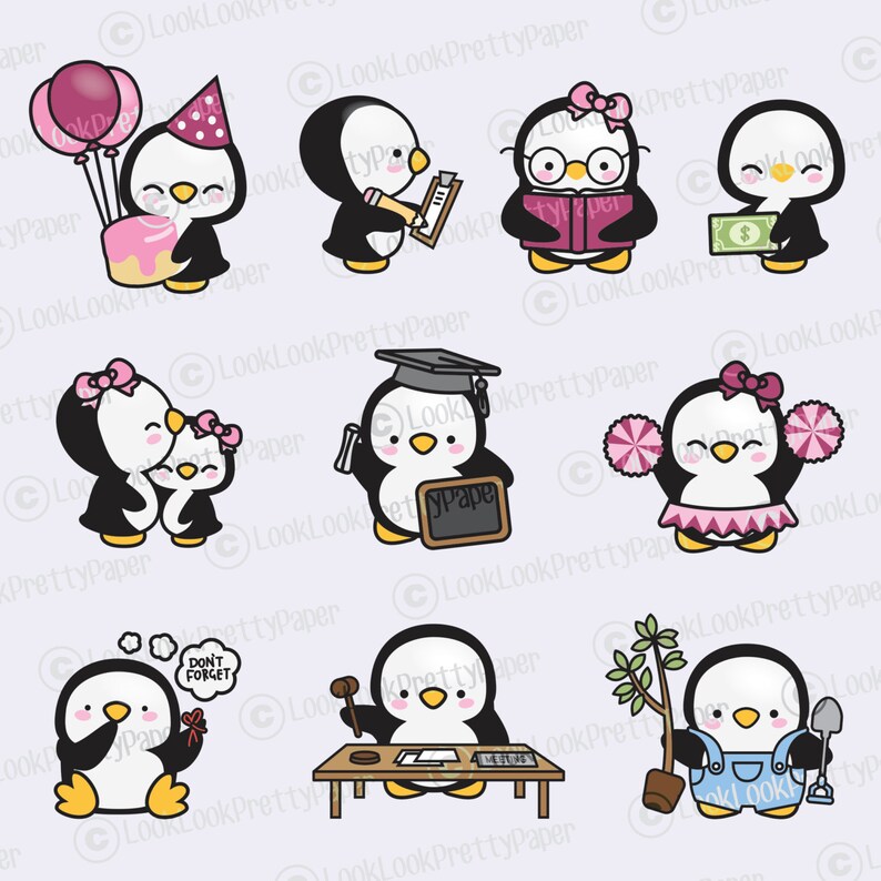 May include: A set of ten cartoon penguin illustrations with different accessories and expressions. The penguins are wearing hats, glasses, graduation caps, and holding items like books, a diploma, a gavel, a shovel, and a money bag.