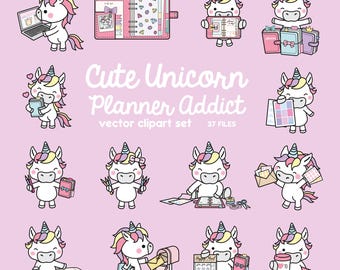 Clipart vettoriali premium - Unicorno kawaii - Clipart carino unicorno planner addict - Unicorno ama pianificare - Download istantaneo - Clipart kawaii