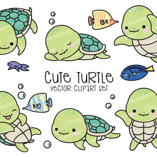 Premium Vector Clipart - Kawaii Turtle - Cute Turtle Clipart Set - Tortue de mer - Vecteurs de haute qualité - Téléchargement instantané - Clipart Kawaii