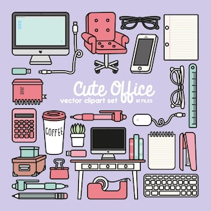 Premium Vector Clipart - Kawaii Office Clipart - Kawaii Work Clip Art Set - High Quality Vectors - Kawaii Clipart - Big Clipart Set