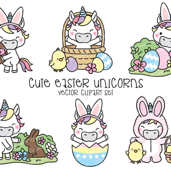 Premium Vector Clipart - Kawaii Easter Unicorns - Cute Easter Unicorn Clipart Set - High Quality Vectors - Kawaii Easter Clipart