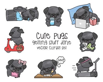 Premium Vector Clipart - Kawaii Black Pug - Cute Black Pugs Planning Clipart - Instant Download - Kawaii Clipart