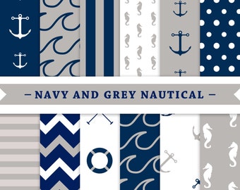 Premium Digital Paper - Scrapbooking Paper - Navy Blue and Grey - Nautical - Patterned Digital Paper - Printable Paper Set