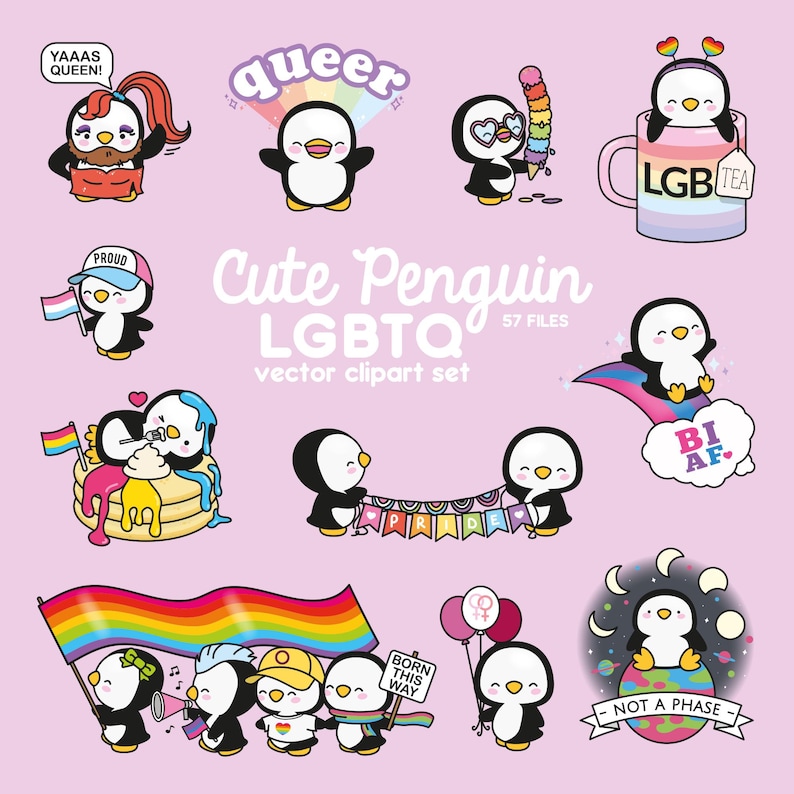 Op de afbeelding: Een set van 57 digitale clipart-afbeeldingen met schattige cartoon-pingu&iuml;ns in verschillende poses en met LGBTQ+-thema accessoires en slogans. De pingu&iuml;ns houden regenboogvlaggen vast, dragen pride-hoeden en houden borden vast met zinnen als "Born This Way" en "Not a Phase".