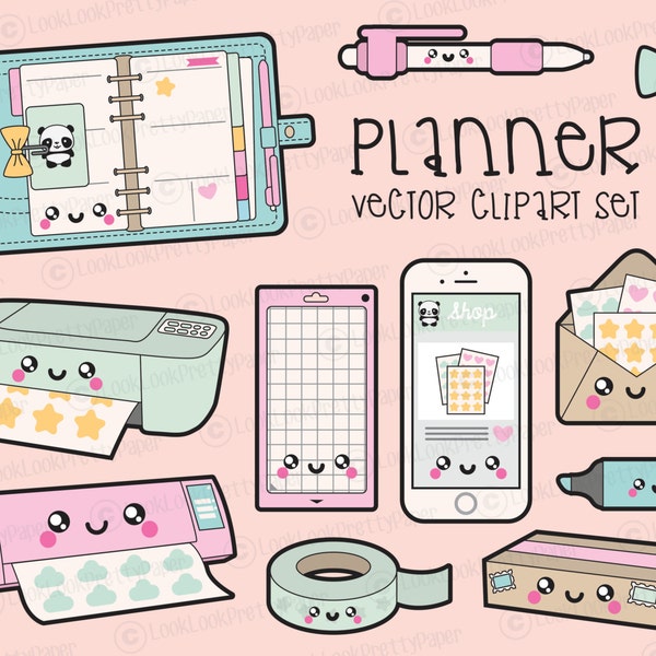 Premium Vector Clipart - Kawaii Planning Clipart - Kawaii Planner Clip Art Set - High Quality Vectors - Planner Supplies Kawaii Clipart