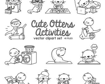 Premium Vektor Clipart - Kawaii Otter - Süße Otter, die Clipart planen, Sachen erledigen - Sofortiger Download - Kawaii Clipart - Umrisse