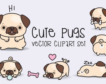 Premium Vector Clipart - Kawaii Pugs - Cute Pugs Clipart Set - High Quality Vectors - Instant Download - Kawaii Clipart