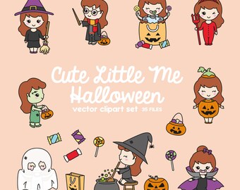 Premium Vektor Clipart - Kawaii Halloween Mädchen - Cute Me Halloween Clipart Set - Rote Haare - Kawaii Halloween Clipart