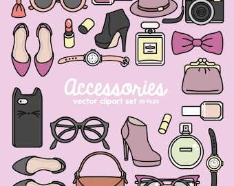 Premium Vektor Clipart - hübsche Accessoires Clipart - Kawaii Mode Clip Art Set - hochwertige Vektoren - Sofortdownload - Kawaii Clipart
