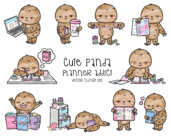 Premium Vector Clipart - Kawaii Sloth - Cute Sloths Planner Addict Clipart - Sloth Loves Planning - Instant Download - Kawaii Clipart