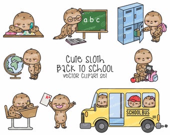 Premium Vector Clipart - Kawaii Sloths Back To School - Cute Sloths Clipart Set - High Quality Vectors - Kawaii School Clipart