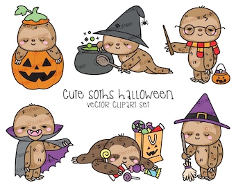 Premium Vector Clipart - Kawaii Halloween Sloths - Cute Halloween Sloths Clipart Set - High Quality Vectors - Kawaii Halloween Clipart