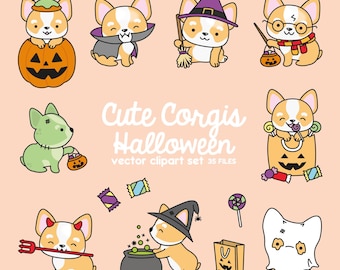 Premium vectorillustraties - kawaii Halloween Corgi - schattige Halloween Corgi-clipartset - hoge kwaliteit vectoren - Kawaii Halloween-clipart