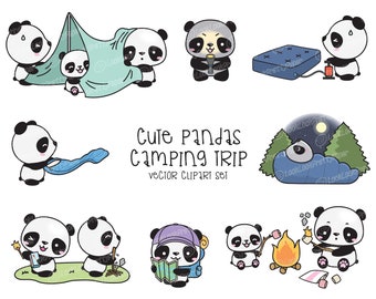 Premium Vector Clipart - Kawaii Pandas Camping - Cute Panda bears Clipart Set - High Quality Vectors - Kawaii Camping Clipart