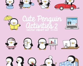 Premium Vector Clipart - Kawaii Penguin - Cute Penguin Planning Clipart - Even More Penguins - Instant Download - Kawaii Clipart
