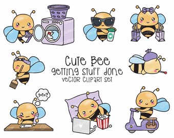 Premium Vector Clipart - Kawaii Bee - Cute Bees Planning Clipart - Cute Bee Getting Stuff Done - Instant Download - Kawaii Clipart