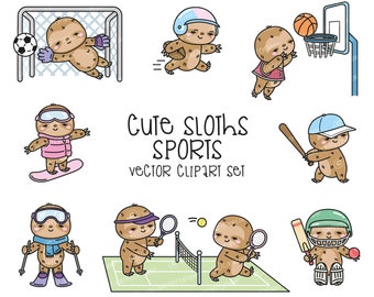 Premium Vector Clipart - Kawaii Sporty Sloth - Cute Sloths Sport Clipart - Instant Download - Kawaii Clipart