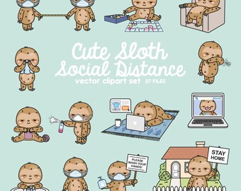 Premium Vector Clipart - Kawaii Sloth - Cute Sloth Social Distancing Clipart - Sloths Lockdown - Instant Download - Kawaii Clipart