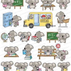 Puede incluir: Un conjunto de 20 ilustraciones de dibujos animados de koalas que representan diversas actividades con tem&aacute;tica escolar, como leer, escribir, matem&aacute;ticas, ciencias y viajar en el autob&uacute;s escolar. Los koalas llevan mochilas, sostienen libros, l&aacute;pices y otros &uacute;tiles escolares. Las ilustraciones est&aacute;n en un estilo brillante y colorido.