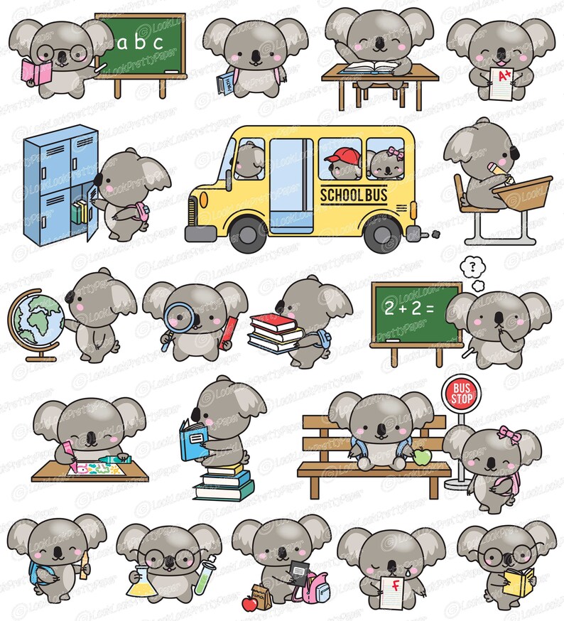 Puede incluir: Un conjunto de 20 ilustraciones de dibujos animados de koalas que representan diversas actividades con tem&aacute;tica escolar, como leer, escribir, matem&aacute;ticas, ciencias y viajar en el autob&uacute;s escolar. Los koalas llevan mochilas, sostienen libros, l&aacute;pices y otros &uacute;tiles escolares. Las ilustraciones est&aacute;n en un estilo brillante y colorido.