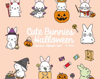 May include: A set of 10 cute bunny Halloween clip art illustrations. The bunnies are dressed in various Halloween costumes, including a witch, a vampire, a ghost, and a pumpkin. There are also some Halloween-themed objects, such as candy, pumpkins, and a cauldron.