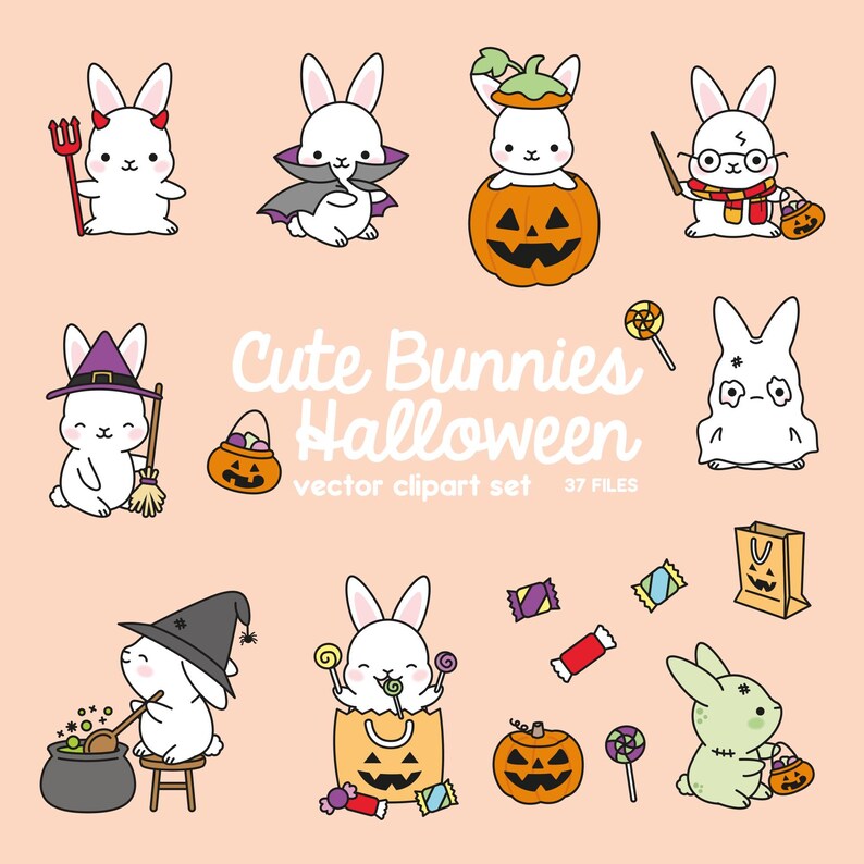 May include: A set of 10 cute bunny Halloween clip art illustrations. The bunnies are dressed in various Halloween costumes, including a witch, a vampire, a ghost, and a pumpkin. There are also some Halloween-themed objects, such as sweets, pumpkins, and a cauldron.