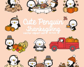 Premium Vektor Clipart - Kawaii Thanksgiving Pinguine - Süße Thanksgiving Pinguine Clipart - Hochwertige Vektoren - Kawaii Thanksgiving Clipart