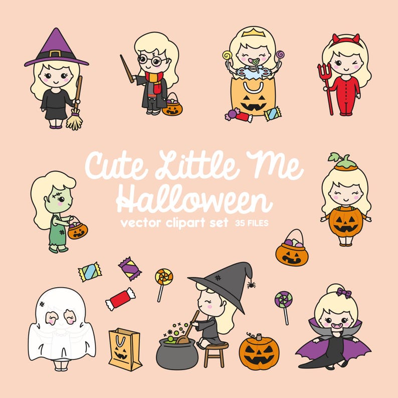 May include: A set of 35 Halloween-themed clip art images featuring cute little girls dressed in various costumes, including a witch, a vampire, a ghost, a pumpkin, and a devil. The images are perfect for creating Halloween-themed crafts, cards, and decorations.