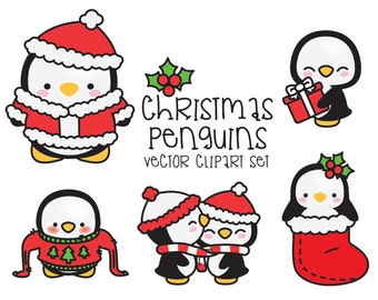 Premium Vector Clipart - Kawaii Christmas Penguins - Cute Christmas Penguins Clipart Set - High Quality Vectors - Kawaii Christmas Clipart