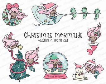 Premium Vector Clipart - Kawaii Christmas Mermaids - Cute Christmas Mermaid Clipart Set - Darker Skin Tone - Kawaii Christmas Clipart