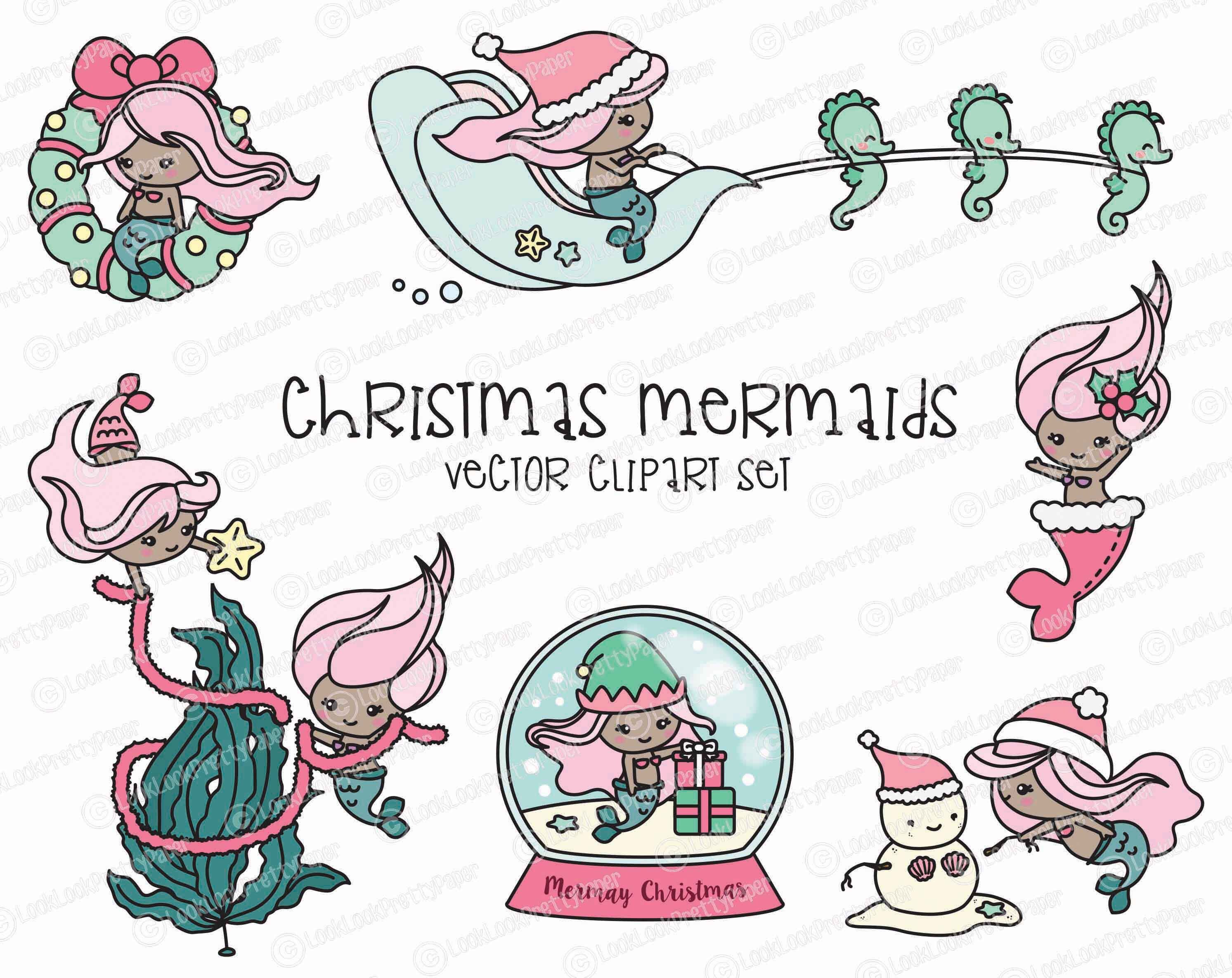 Download Premium Vector Clipart Kawaii Christmas Mermaids Cute | Etsy
