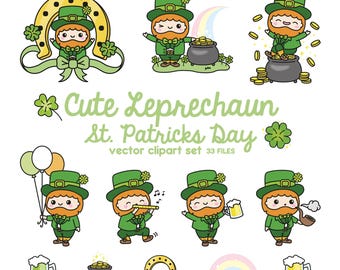 Premium Vector Clipart - Kawaii St Patrick's Day Clipart Set - Cute Leprechaun Clipart - High Quality Vectors - Kawaii Clipart