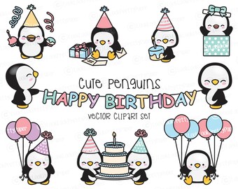 Premium Vector Clipart - Kawaii Birthday Penguins - Cute Birthday Penguins Clipart Set - High Quality Vectors - Kawaii Christmas Clipart