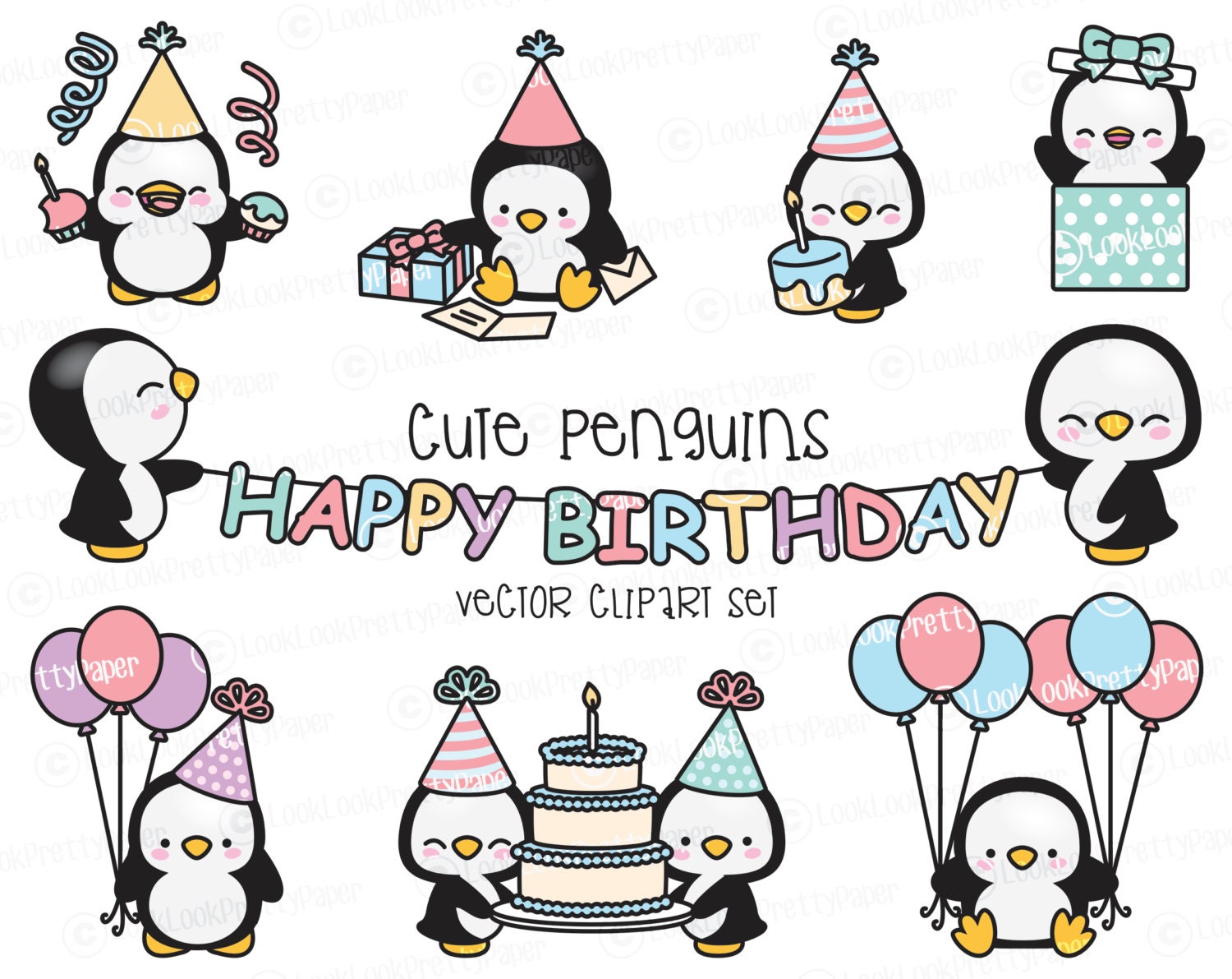 Premium Vector Clipart Kawaii Birthday Penguins Cute | Etsy