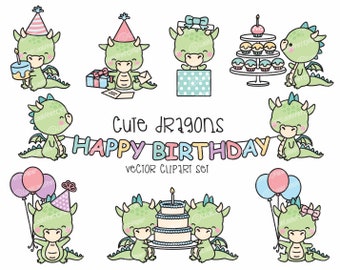 Premium Vector Clipart - Kawaii Birthday Dragons - Cute Birthday Dragons Clipart Set - High Quality Vectors - Kawaii Christmas Clipart