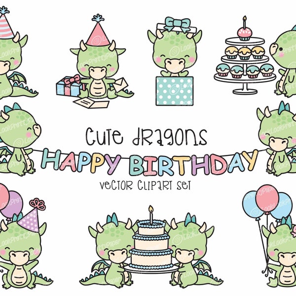 Premium Vector Clipart - Kawaii Birthday Dragons - Cute Birthday Dragons Clipart Set - High Quality Vectors - Kawaii Christmas Clipart