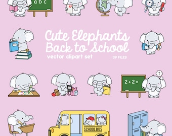 Premium Vektor Clipart - Kawaii Elefanten Schulanfang - süßes Elefant Clipart Set - hochwertige Vektoren - Kawaii Schule Clipart