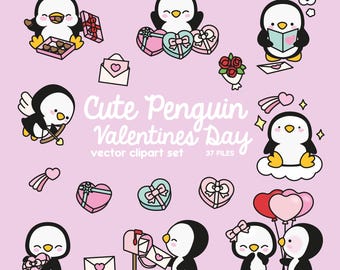 May include: A set of 37 Valentine's Day clip art images featuring cute penguins in various poses, including holding hearts, gifts, and arrows. The images are in a cartoon style and feature pink, red, and white colors.