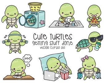 Premium Vector Clipart - Kawaii Turtle - Cute Sea Turtle Planning Clipart - Instant Download - Kawaii Clipart