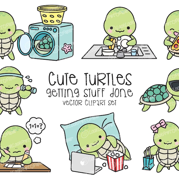 Premium Vector Clipart - Kawaii Turtle - Cute Sea Turtle Planning Clipart - Téléchargement instantané - Kawaii Clipart