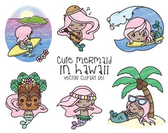 Premium Vector Clipart - Kawaii Mermaid - Cute Mermaid in Hawaii Clipart - Hawaii - Instant Download - Kawaii Clipart