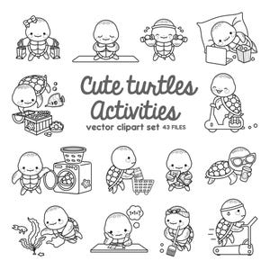 Könnte beinhalten: Ein Set mit 12 Schwarzweißillustrationen von niedlichen Schildkröten, die verschiedene Aktivitäten ausführen, wie z. B. Sport treiben, lesen, putzen und einkaufen. Die Illustrationen sind im Cartoon-Stil gehalten und eignen sich perfekt für die Verwendung in Kinderbüchern, Grußkarten oder anderen kreativen Projekten.