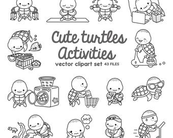 Premium Vector Clipart - Kawaii Turtle - Cute Sea Turtle Planning Clipart - Outlines - Instant Download