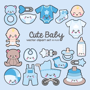 May include: A set of 53 blue and white baby boy themed clipart images. The images include a baby, a teddy bear, a rattle, a bib, a pacifier, a bottle, a diaper, a onesie, a stroller, a ball, overalls, and a baby sock.