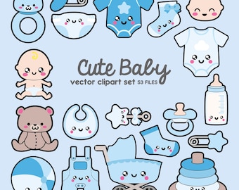 Premium Vector Clipart - Kawaii Baby Clipart - Kawaii Baby Blauwe Clipart - Hoge kwaliteit Vectoren - Instant Download - Kawaii Zwangerschaps Clipart