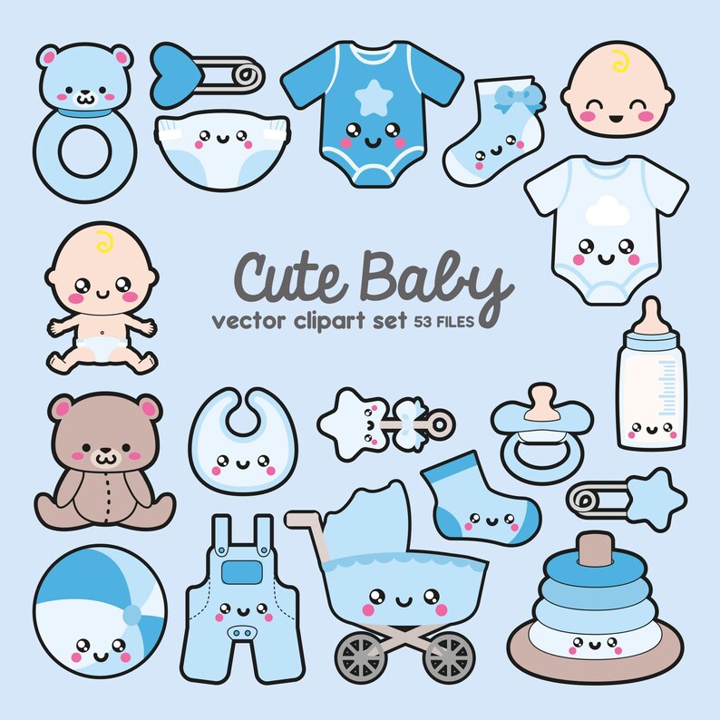 May include: A set of 53 blue and white baby boy themed clipart images. The images include a baby, a teddy bear, a rattle, a bib, a pacifier, a bottle, a diaper, a onesie, a stroller, a ball, overalls, and a baby sock.