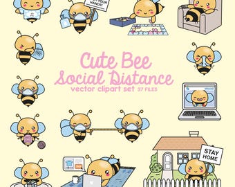 Premium Vektor Clipart - Kawaii Biene - Süße Biene Social Distancing Clipart - Bee Lockdown - Sofortiger Download - Kawaii Clipart