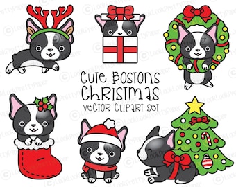 Premium Vector Clipart - Kawaii Christmas Bostons - Cute ChristmasBostonss Clipart Set - High Quality Vectors - Kawaii Christmas Clipart