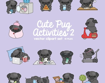Premium Vector Clipart - Kawaii Black Pug - Cute Black Pugs Planning Clipart - Instant Download - Kawaii Clipart